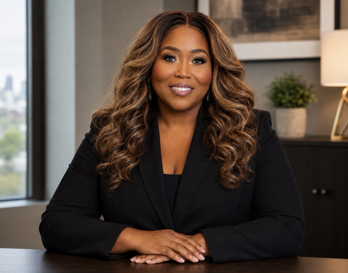 Trevilia Hodge smiling in a black blazer in an office setting